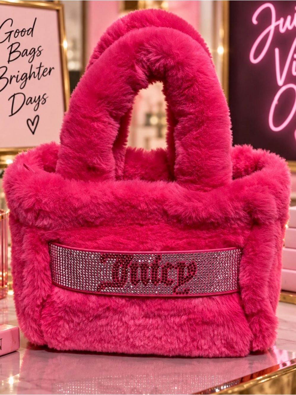 Juicy Couture Bright Pink Faux Fur Tote with Crystal Juicy Logo